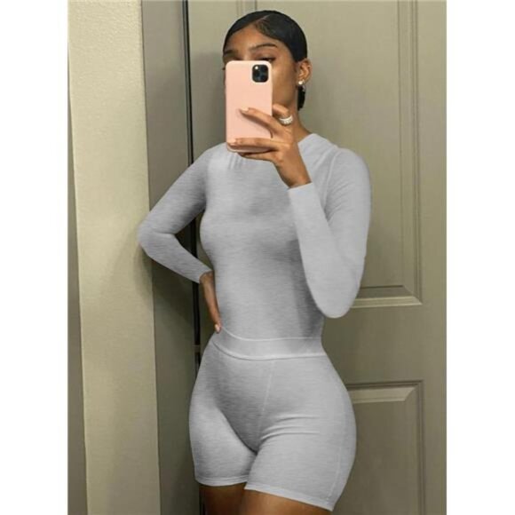 New Women's 2 Piece Outfits Ribbed Long Sleeve Fitted T-Shirt High Waist - Picture 3 of 5